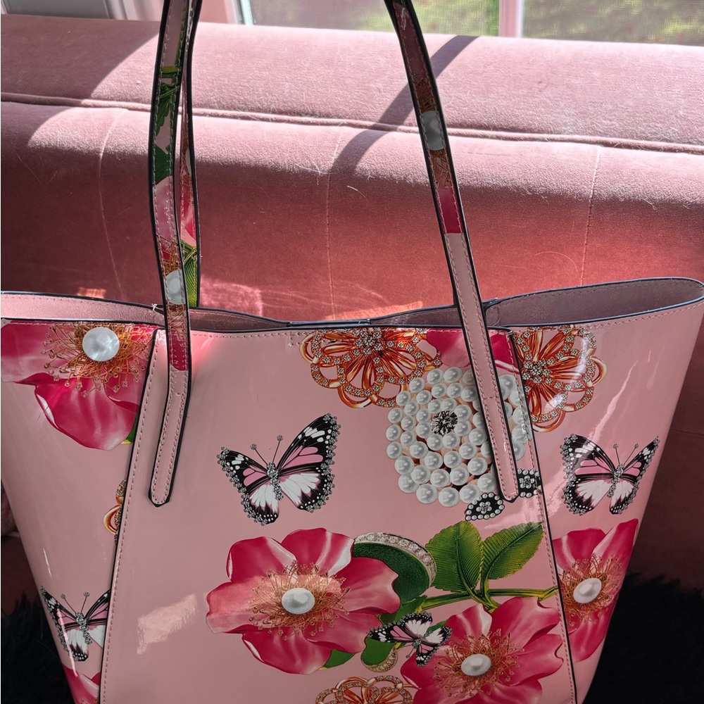 Pink Floral Patent Tote Bag with Pearl and Jewel Accent - Picture 3 of 5